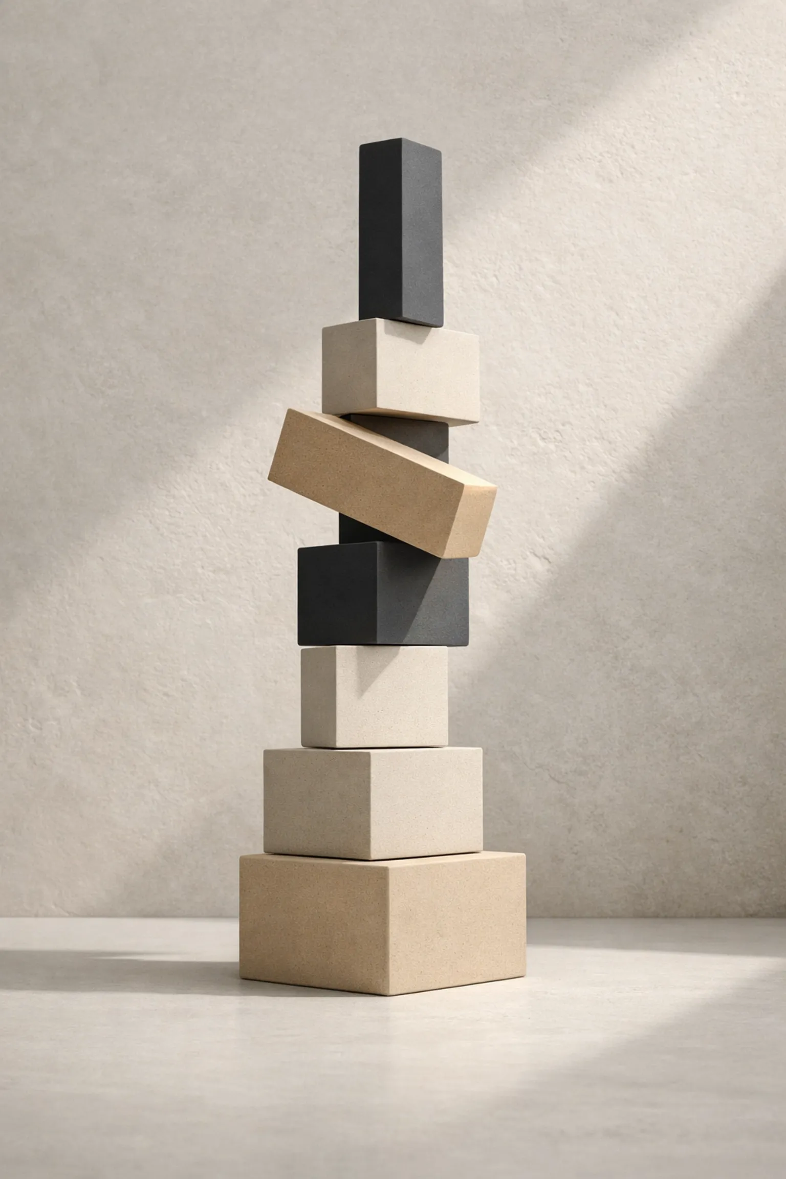 Precarious stack of minimalist blocks representing the structural limits of high-functioning fragmentation.