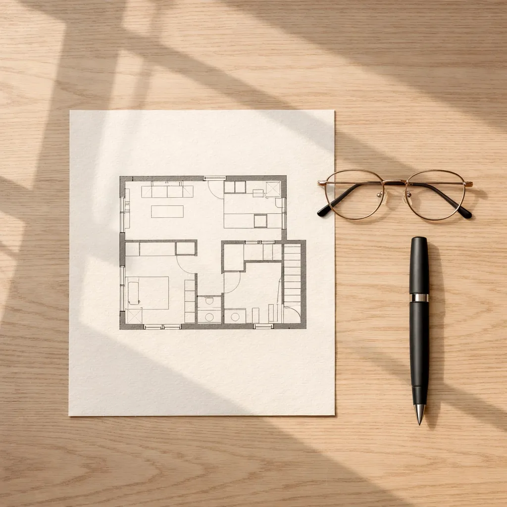 Architectural blueprint on a minimalist desk illustrating intentional lifestyle business design and self-leadership.