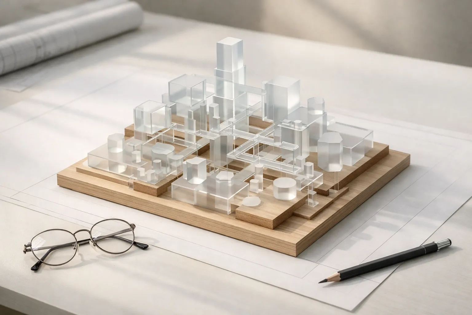 Minimalist architectural model representing identity architecture and diagnostic system mapping on a white desk.