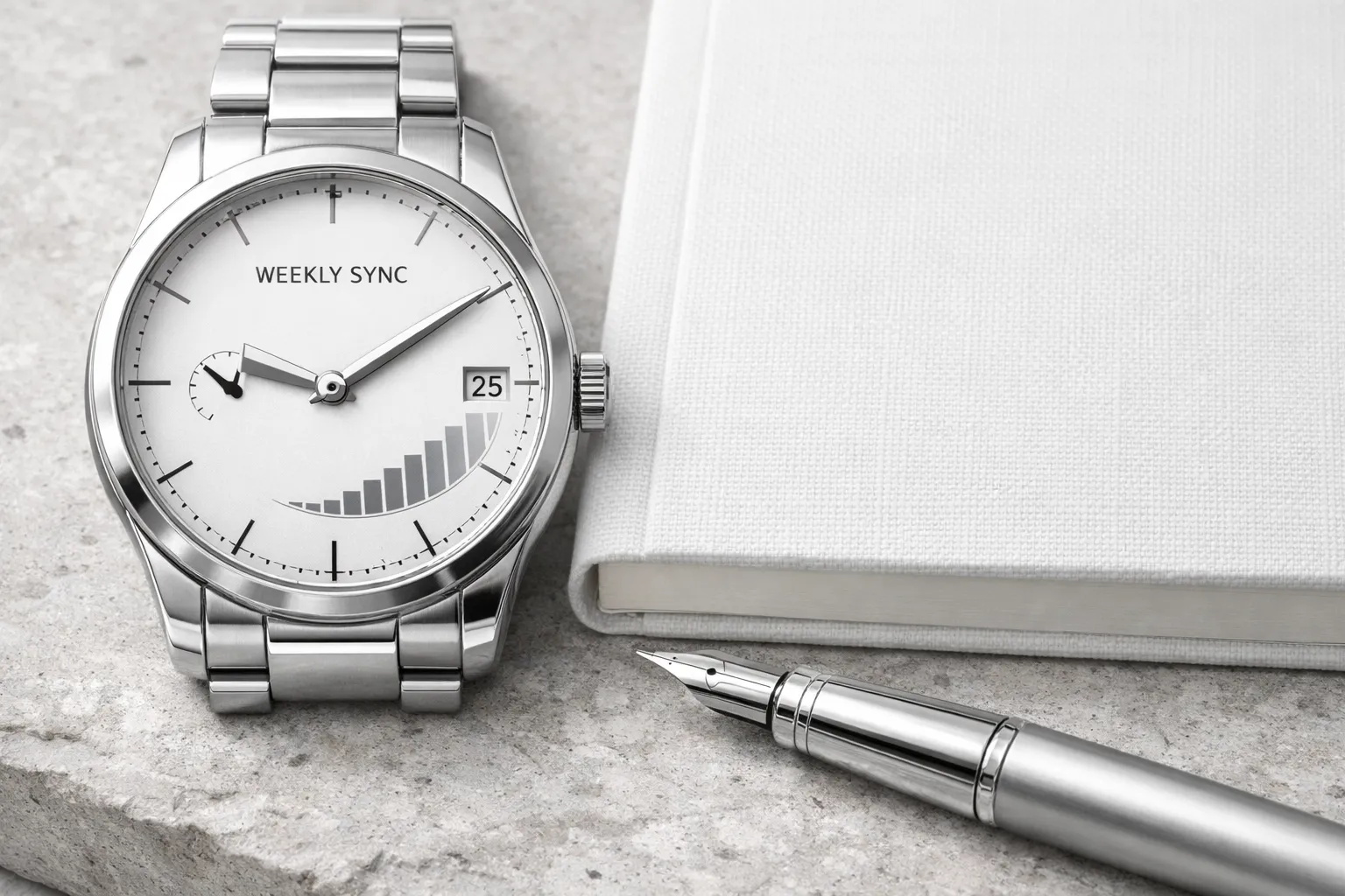 A silver watch and notebook representing the weekly sync and systematic communication in marriage.