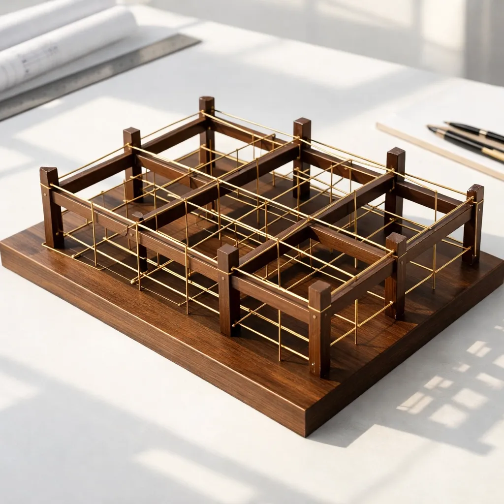 Architectural model of a structural grid representing the mapping of an internal identity blueprint.