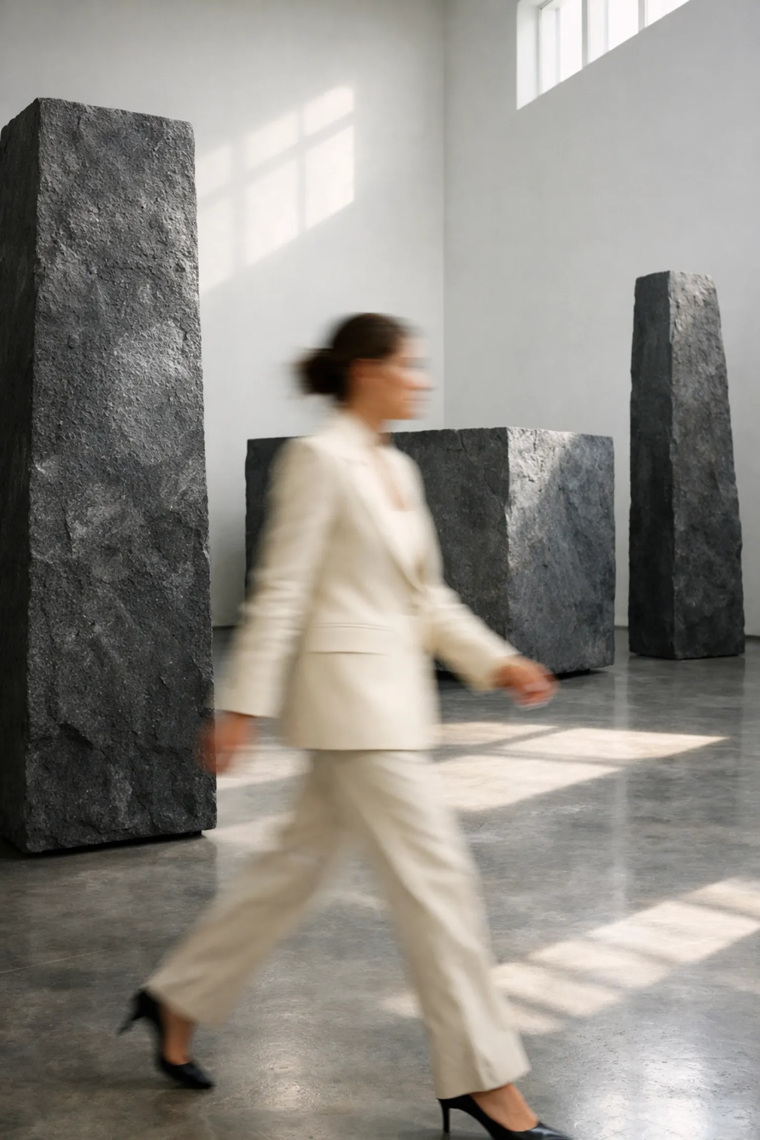 A woman walking quickly past massive stone sculptures, representing the friction of high-speed execution.