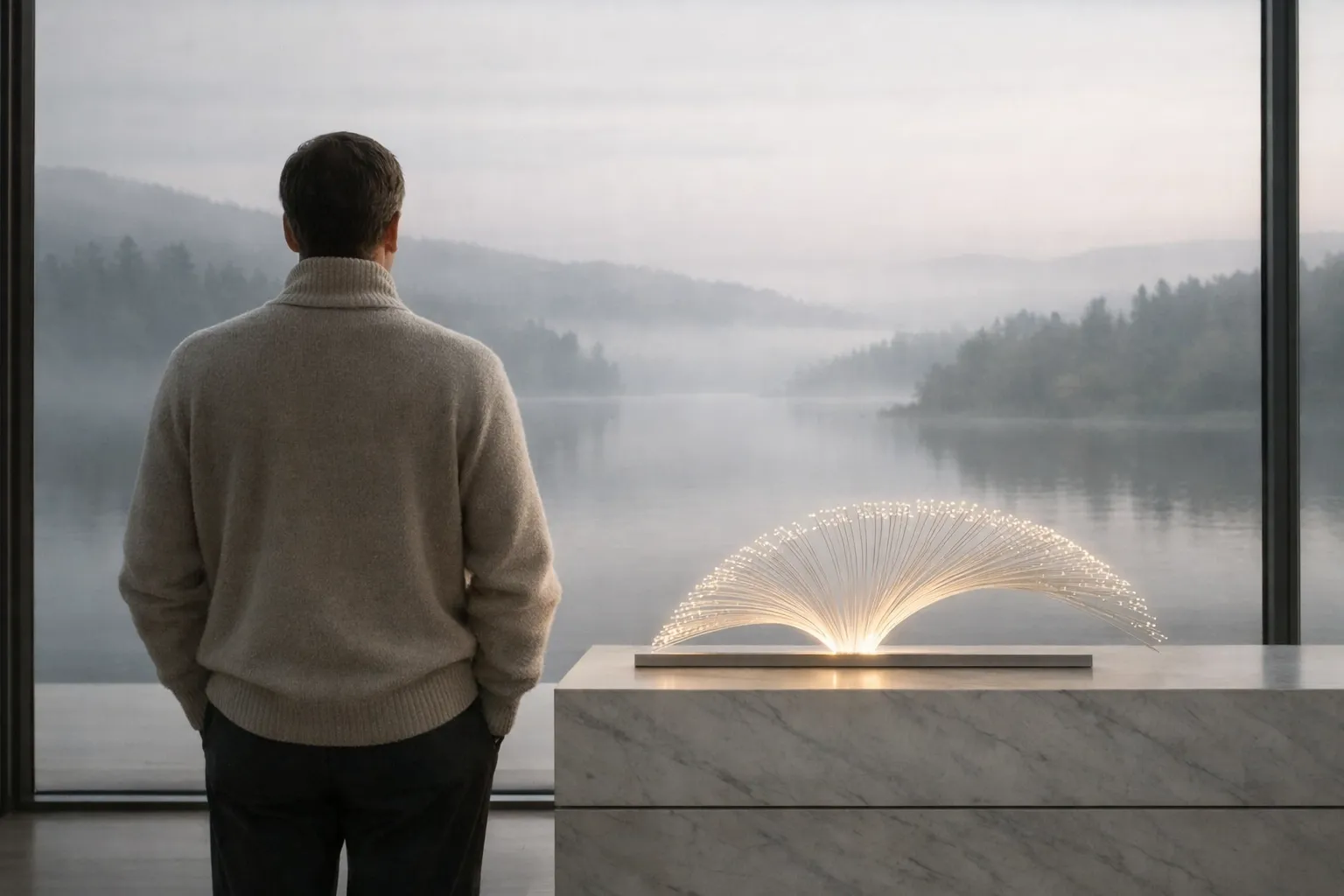 A leader looking out at a serene landscape symbolizing time freedom within a sovereign operating system.