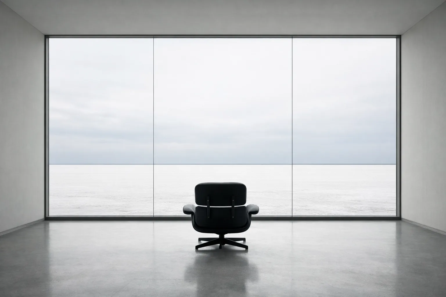 A minimalist room with a chair facing a vast horizon, symbolizing structural coherence and clarity.