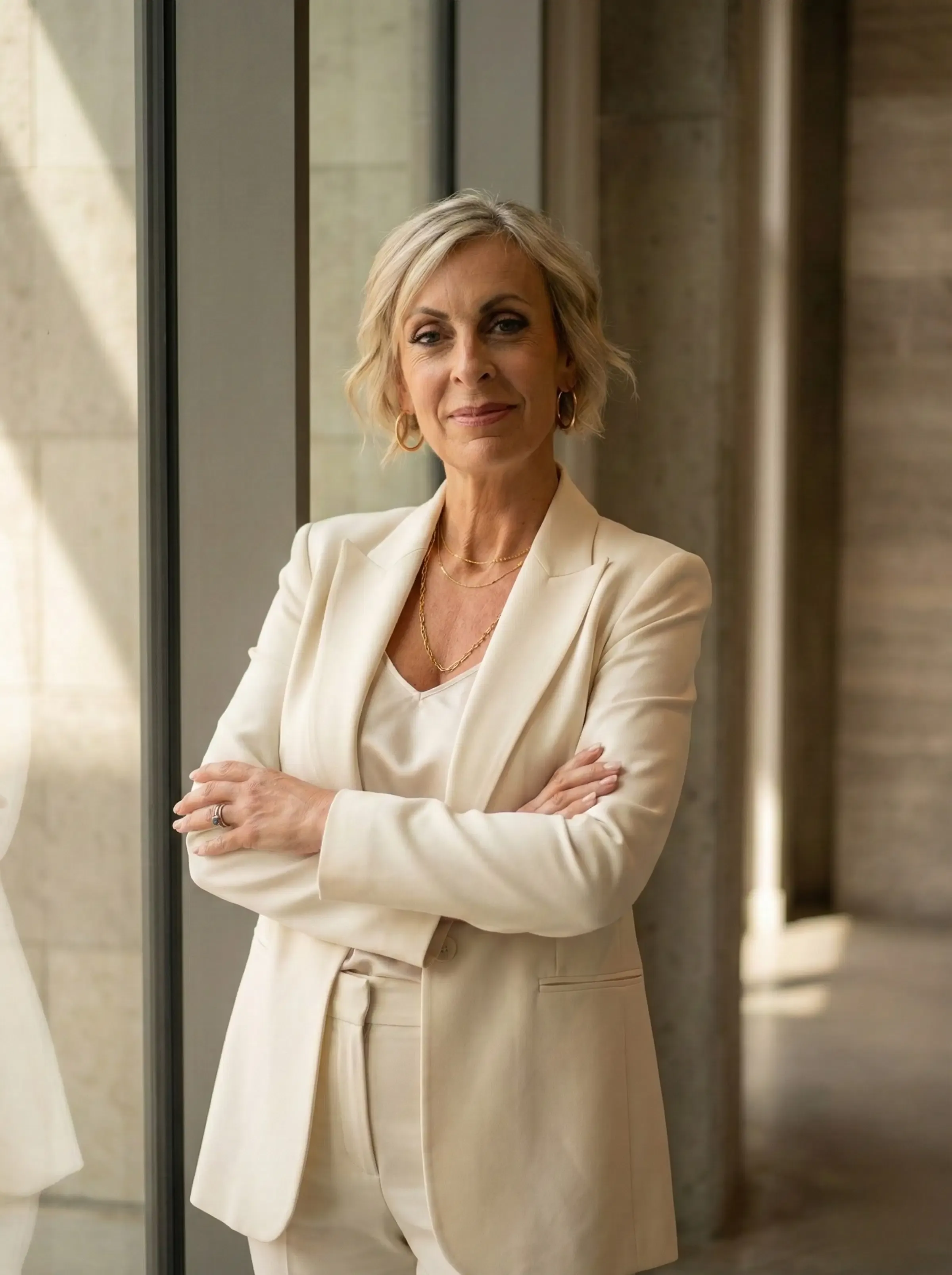 A poised, mature woman stands confidently with arms crossed in a sunlit modern space