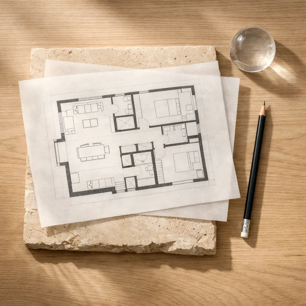 Architectural plans on a minimalist desk, illustrating the recalibration of internal authority for expansion.