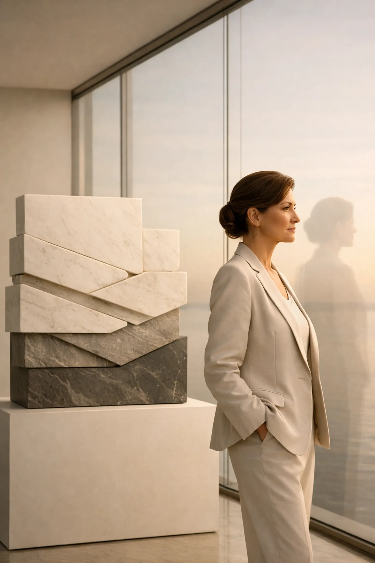 A confident woman overlooks the horizon, embodying the clarity and authority gained through relational governance.