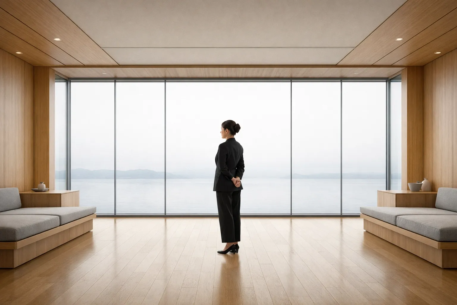 A woman in a minimalist space looking at a calm horizon, representing internal authority and self-defined architecture.