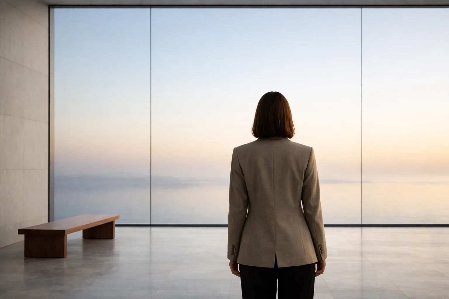 A woman in a blazer overlooking a sunrise, illustrating internal authority and a sovereign presence.