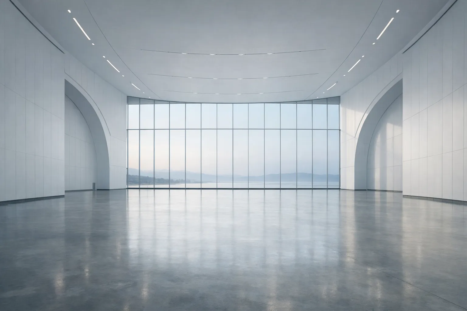 A modern, expansive hall with a clear horizon, representing increased capacity for expansion in business.