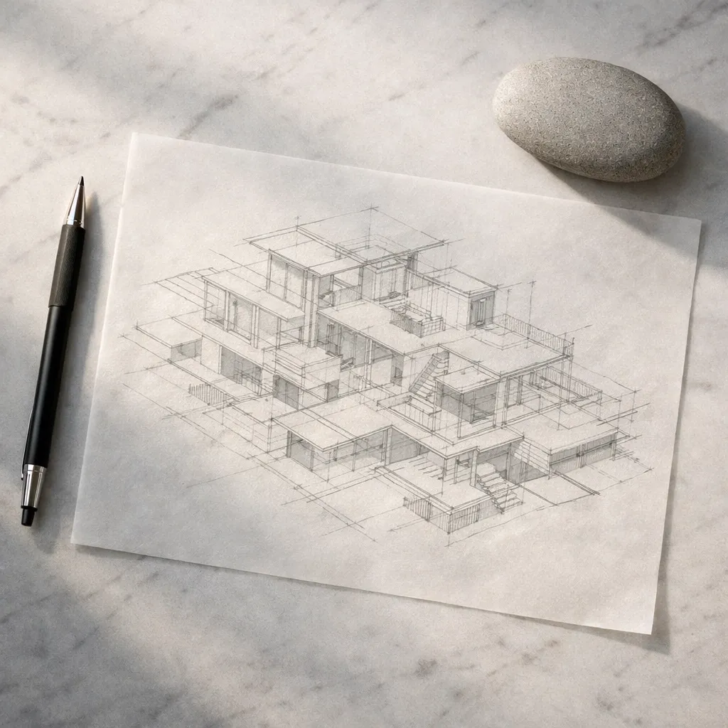Minimalist desk with architectural blueprints representing a durable life operating system architecture.