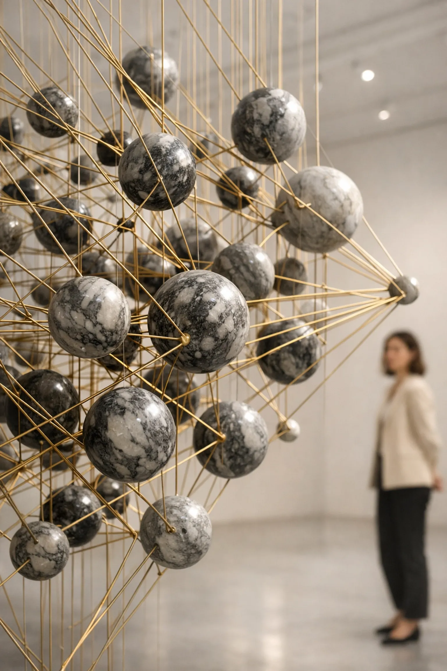 A marble sculpture held by filaments, symbolizing the invisible load and complex power dynamics.