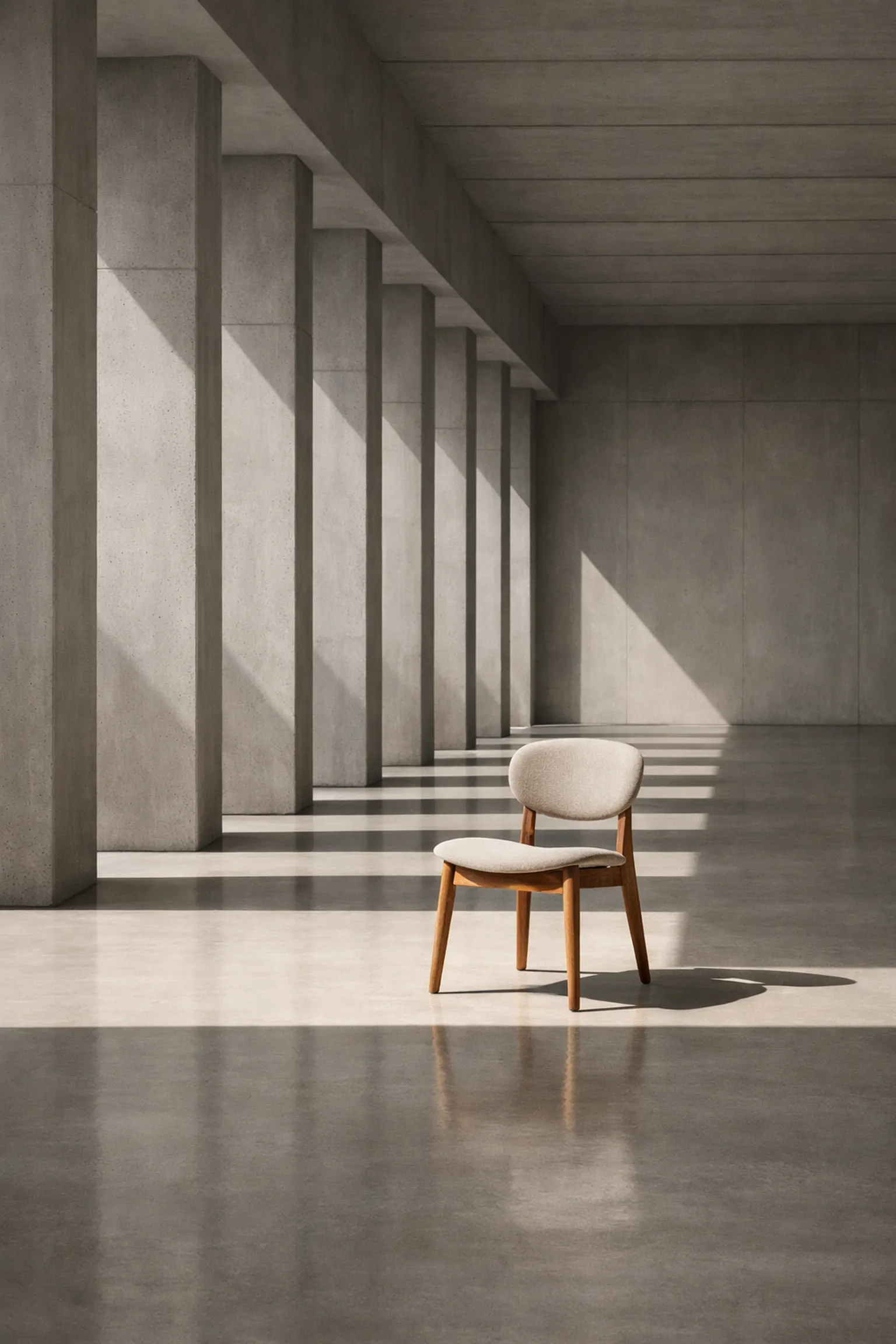 Structured architectural pillars and a lone chair representing a performance-based identity system.
