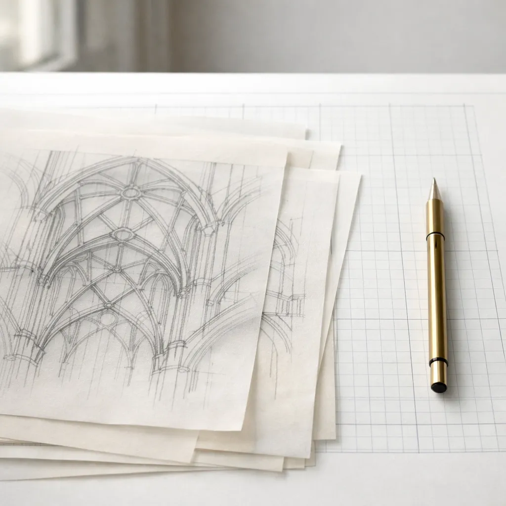 Cathedral blueprints layered over a modern grid, representing religious deconstruction and identity.