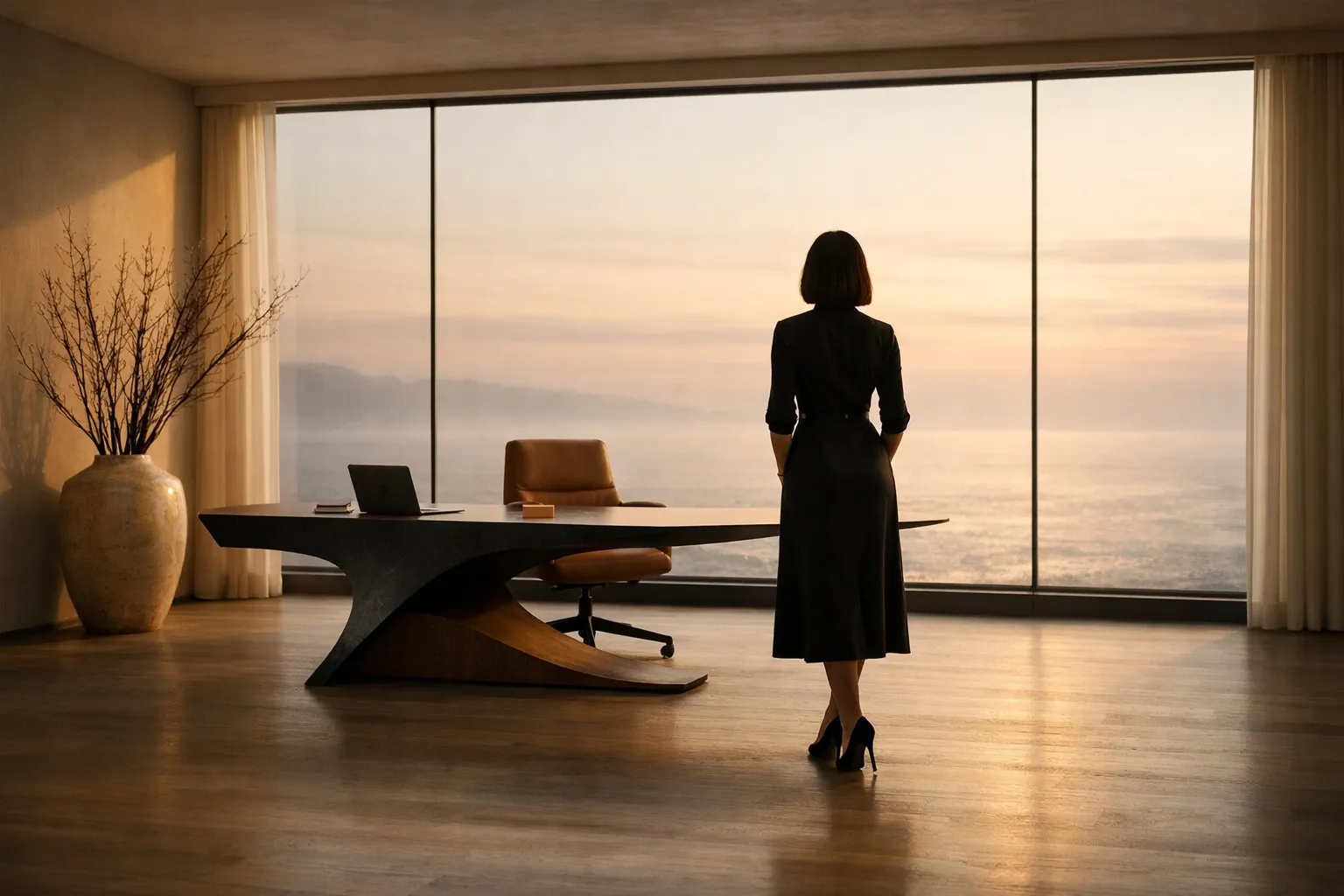 A woman standing with internal authority in a serene office representing a sovereign operating system.
