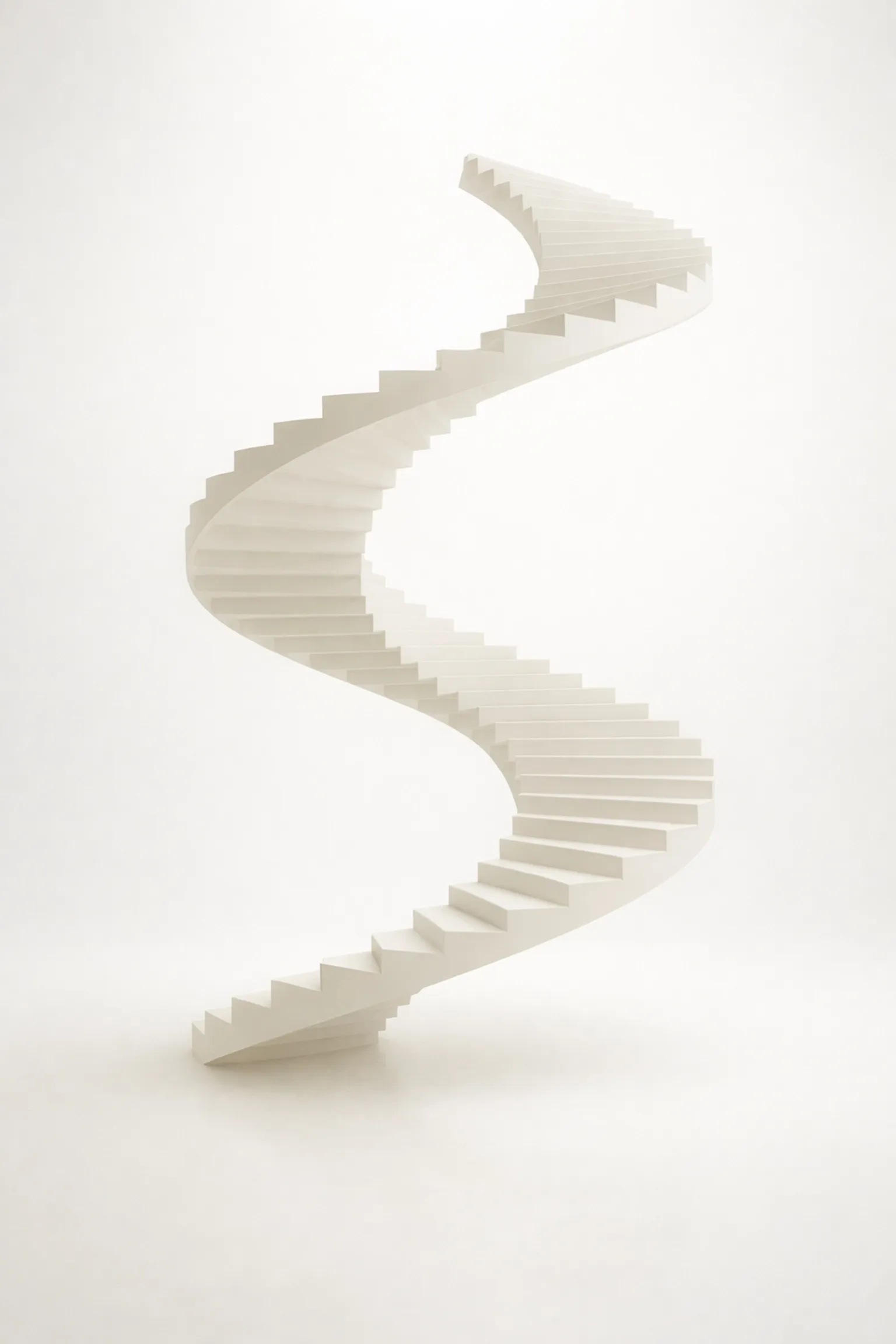 An ivory spiral staircase in white light depicting the infinite cycle of achievement dogma and career success.