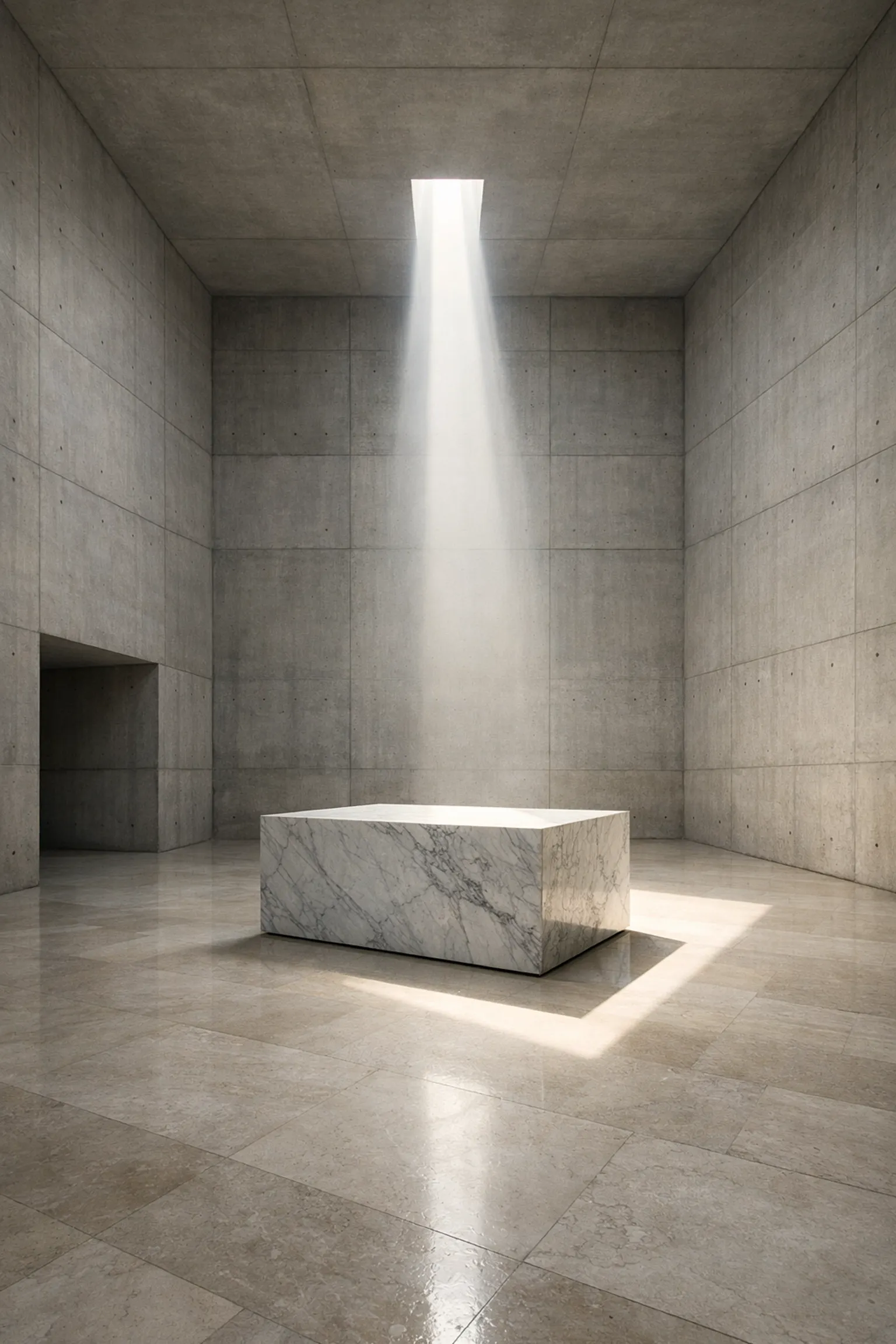 A minimalist marble altar in a light-filled space symbolizing performance-based identity and inherited belief systems.