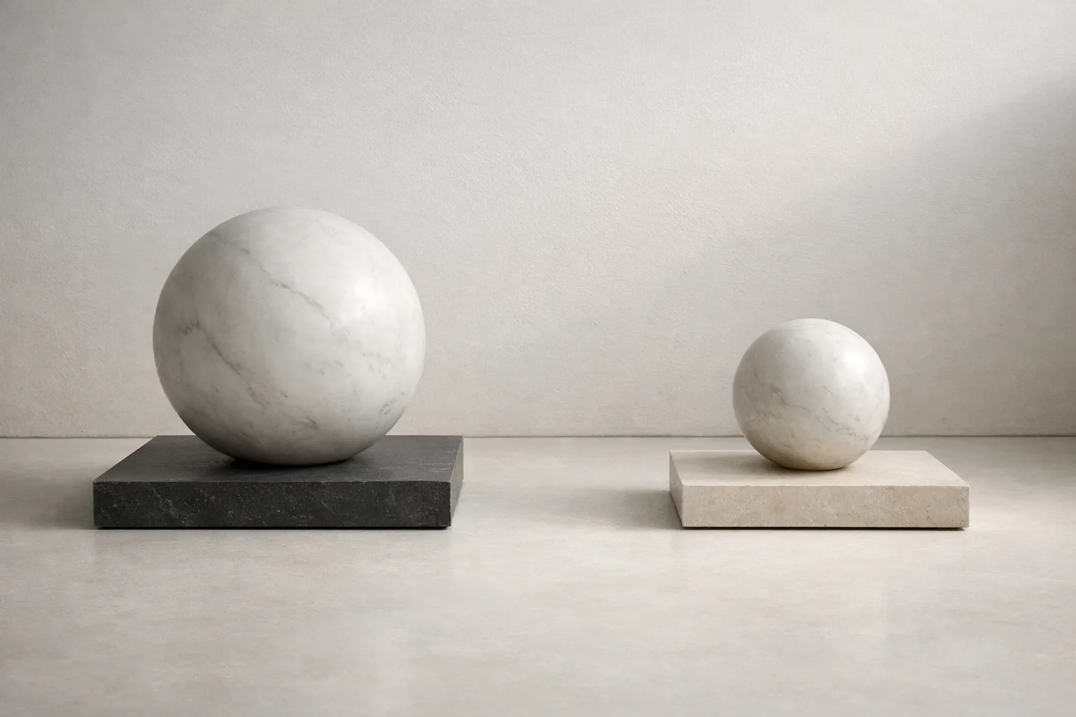Two marble spheres on separate plinths representing the decoupling of identity and independent foundations.