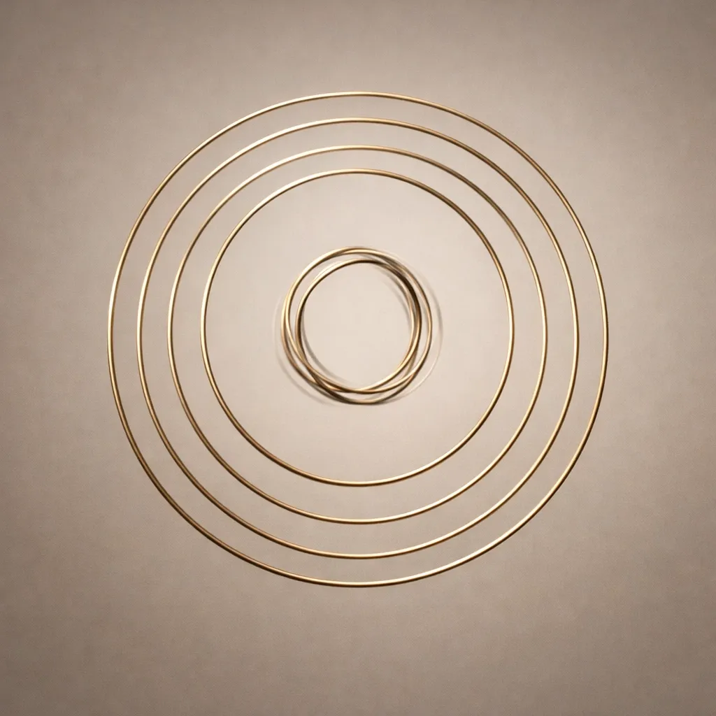 Concentric metallic rings with one out of sync, illustrating internal misalignment and friction in self-leadership.