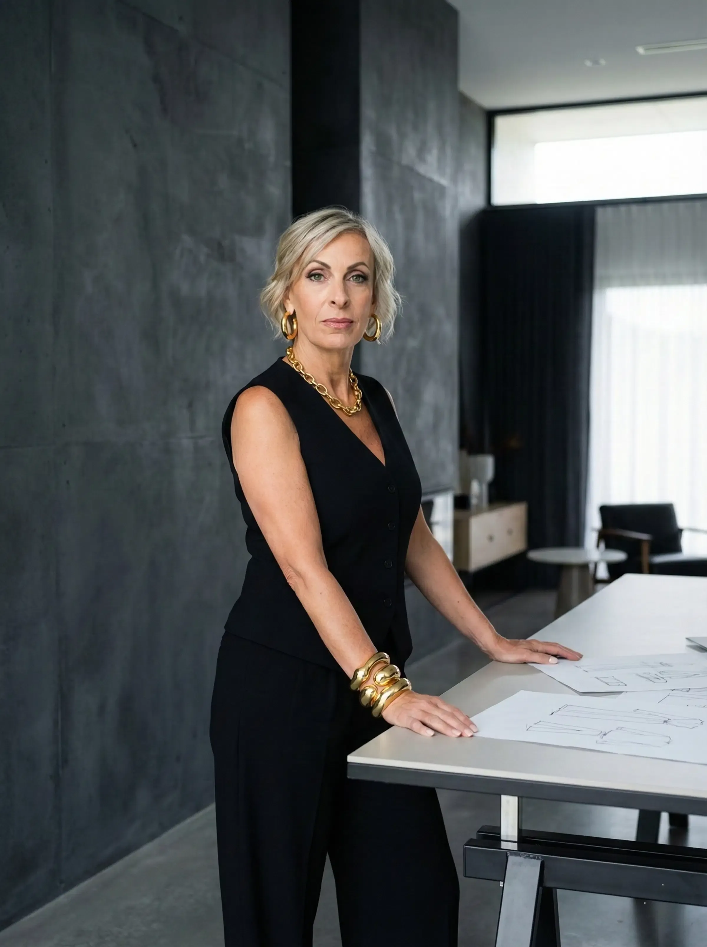 Confident woman reviewing structural diagrams at a modern workspace
