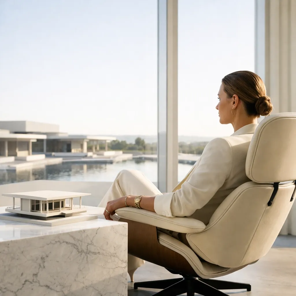 A woman in a studio observing an architectural model, illustrating sovereign power and identity.