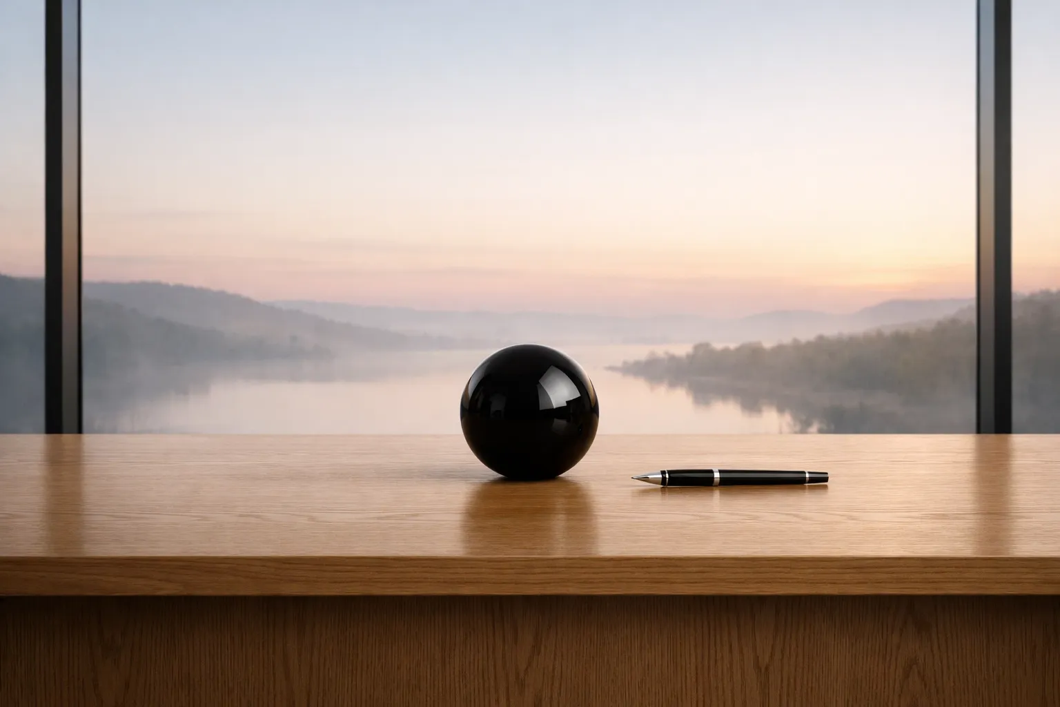 A minimalist desk overlooking a calm landscape, symbolizing internal governance and leadership operating system order.