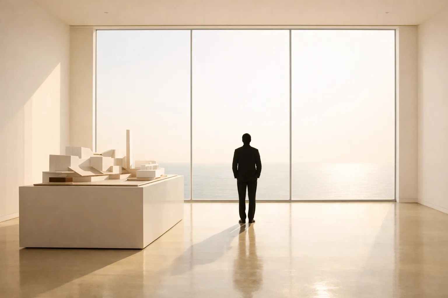 A silhouette viewing an architectural model to represent adult sovereignty and identity integration.