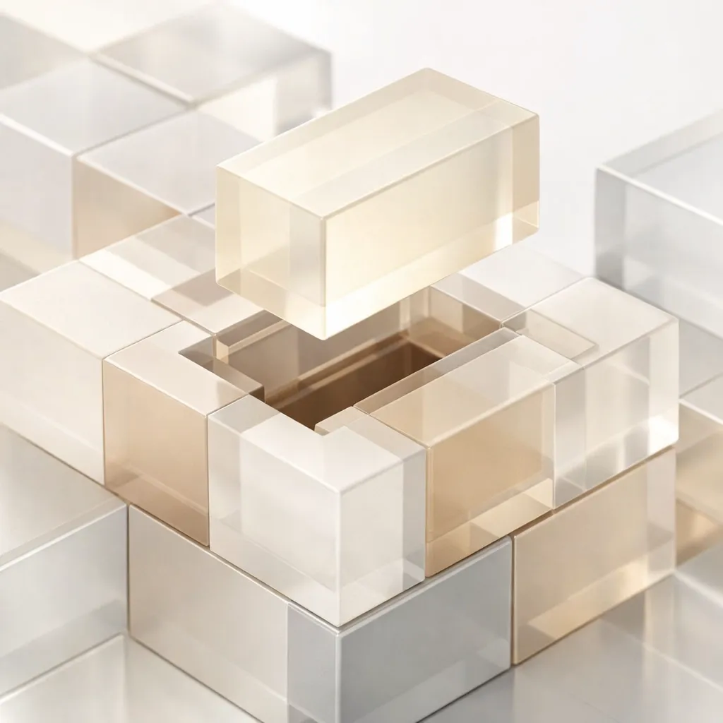 Translucent blocks being integrated into a structure representing behavioral architecture and internal system upgrades.
