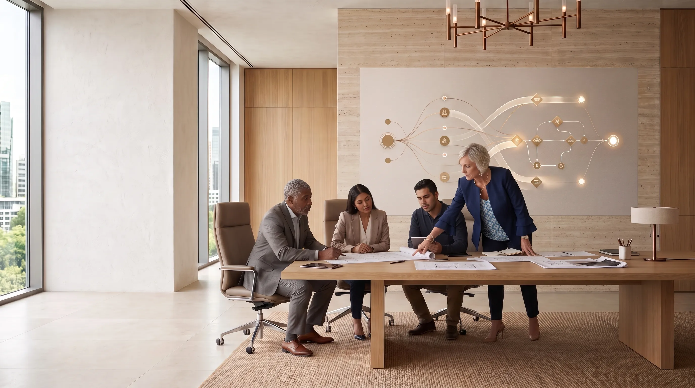 Melissa McCrery standing at a strategy table with three colleagues, a systems map on the wall behind them