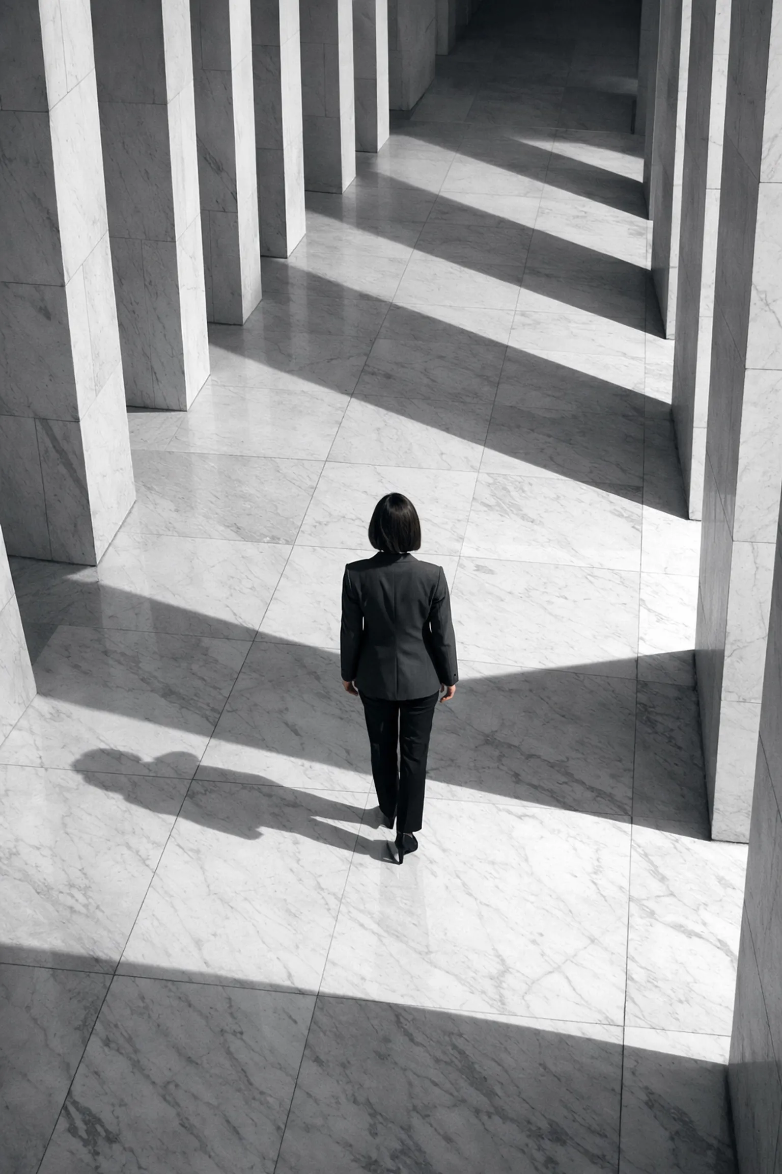 A woman in a blazer standing in a large marble hall, symbolizing systemic structures and internal authority.