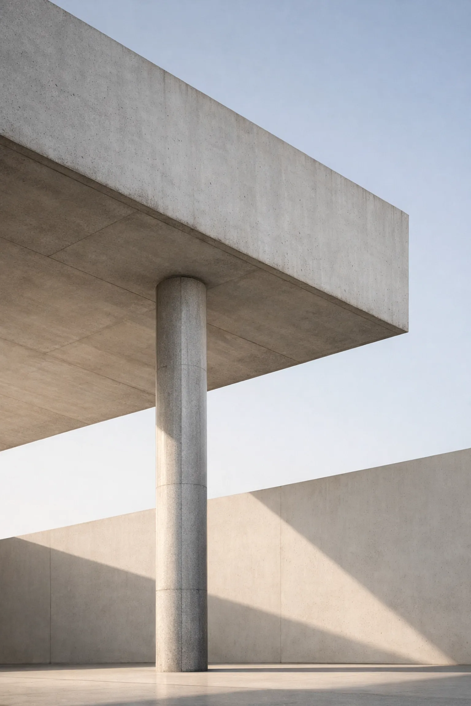 Minimalist stone column supporting a heavy slab, representing the invisible load and structural failure.
