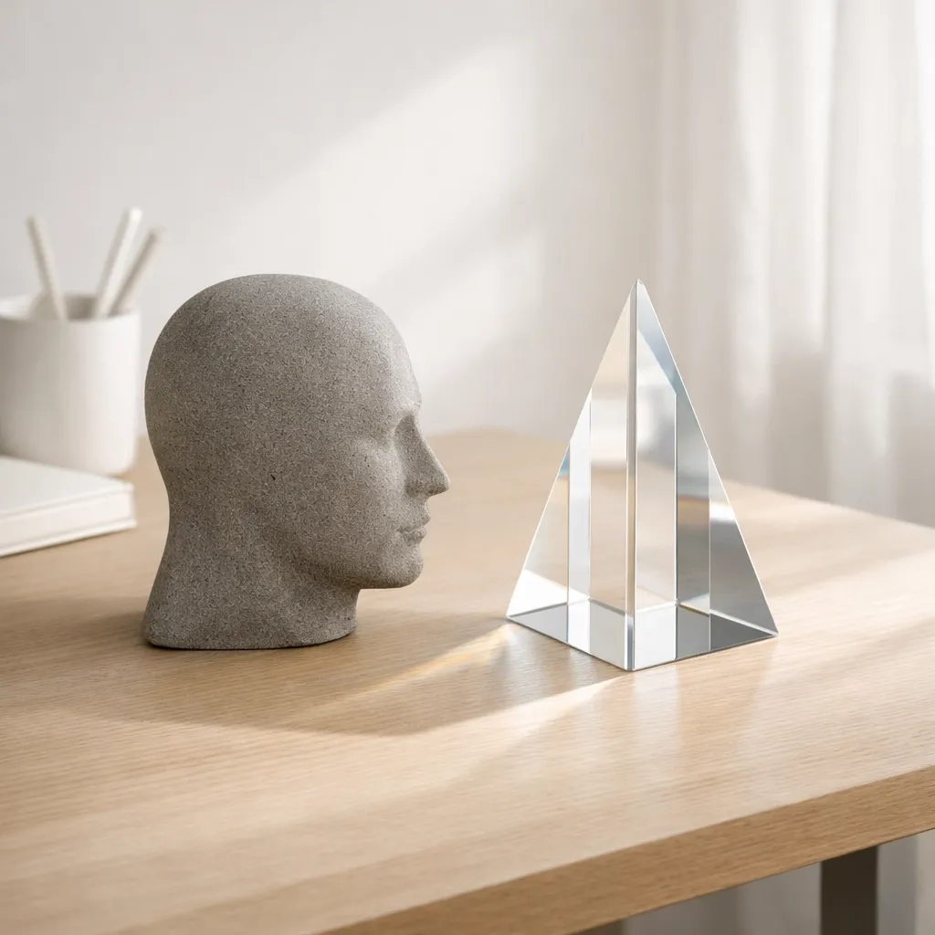 Minimalist sculpture representing the separation of identity authority and creation in leadership systems.