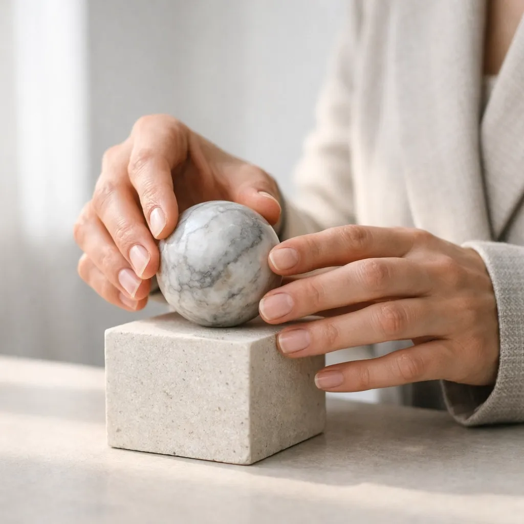 Professional hands placing a marble sphere on a plinth, symbolizing the installation of new identity architecture.