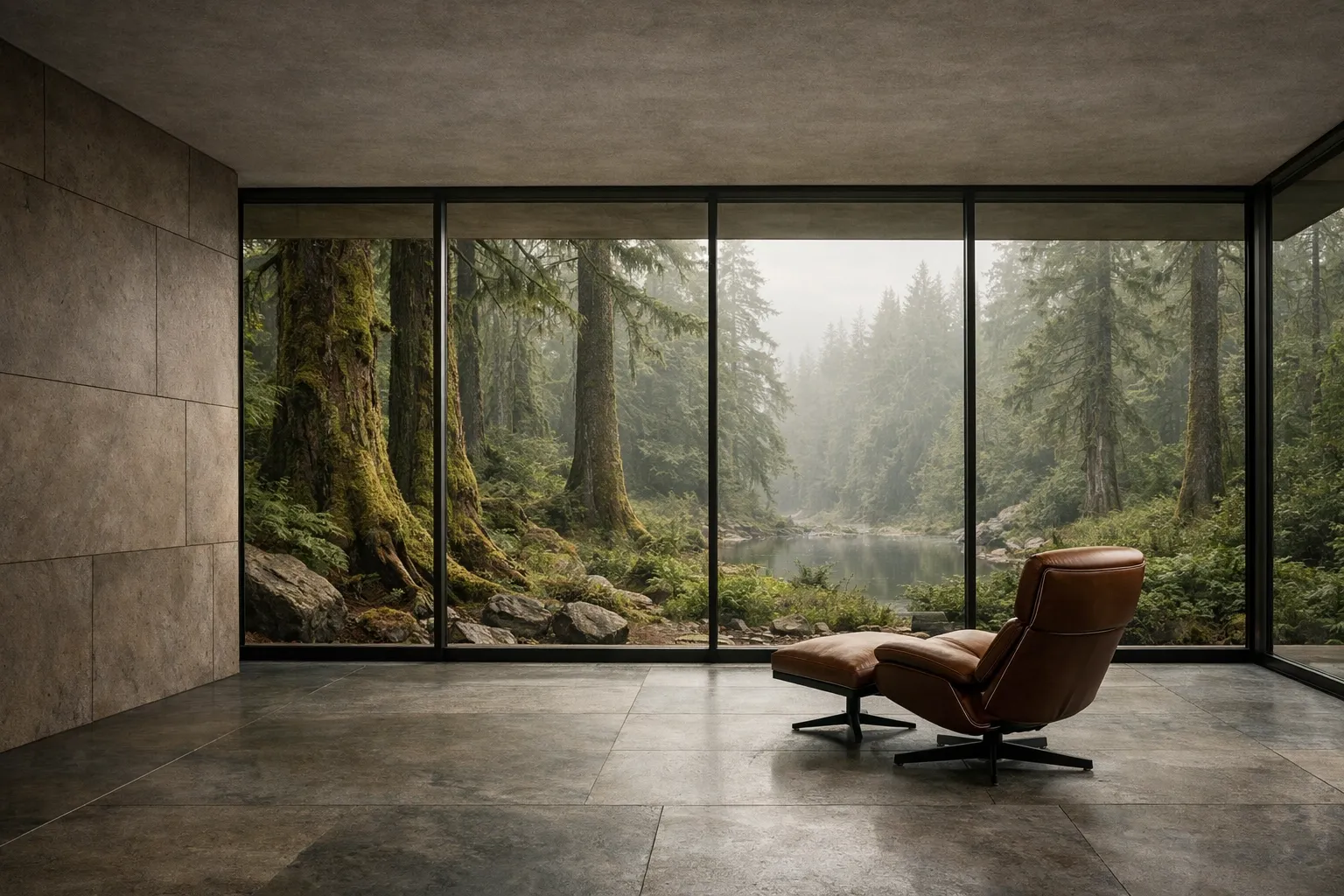 Minimalist room overlooking a forest representing a durable life built for long-term stability and vision.