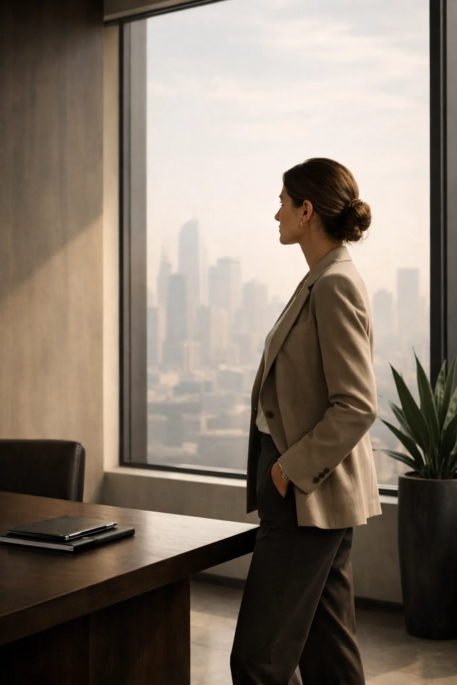 High-capacity woman in a minimalist office representing internal authority and a personal operating system.