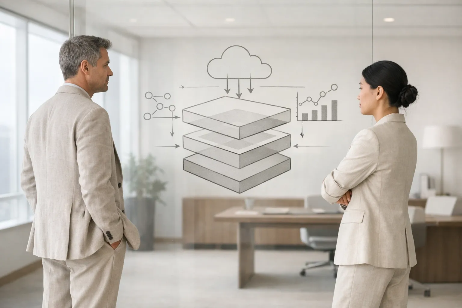 A professional couple analyzing a shared system diagram to distribute the invisible load in their relationship.