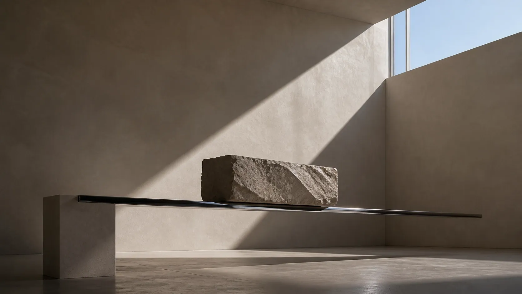 A stone balanced on a rail representing the intentional tension of performance-based identity and endurance patterns.
