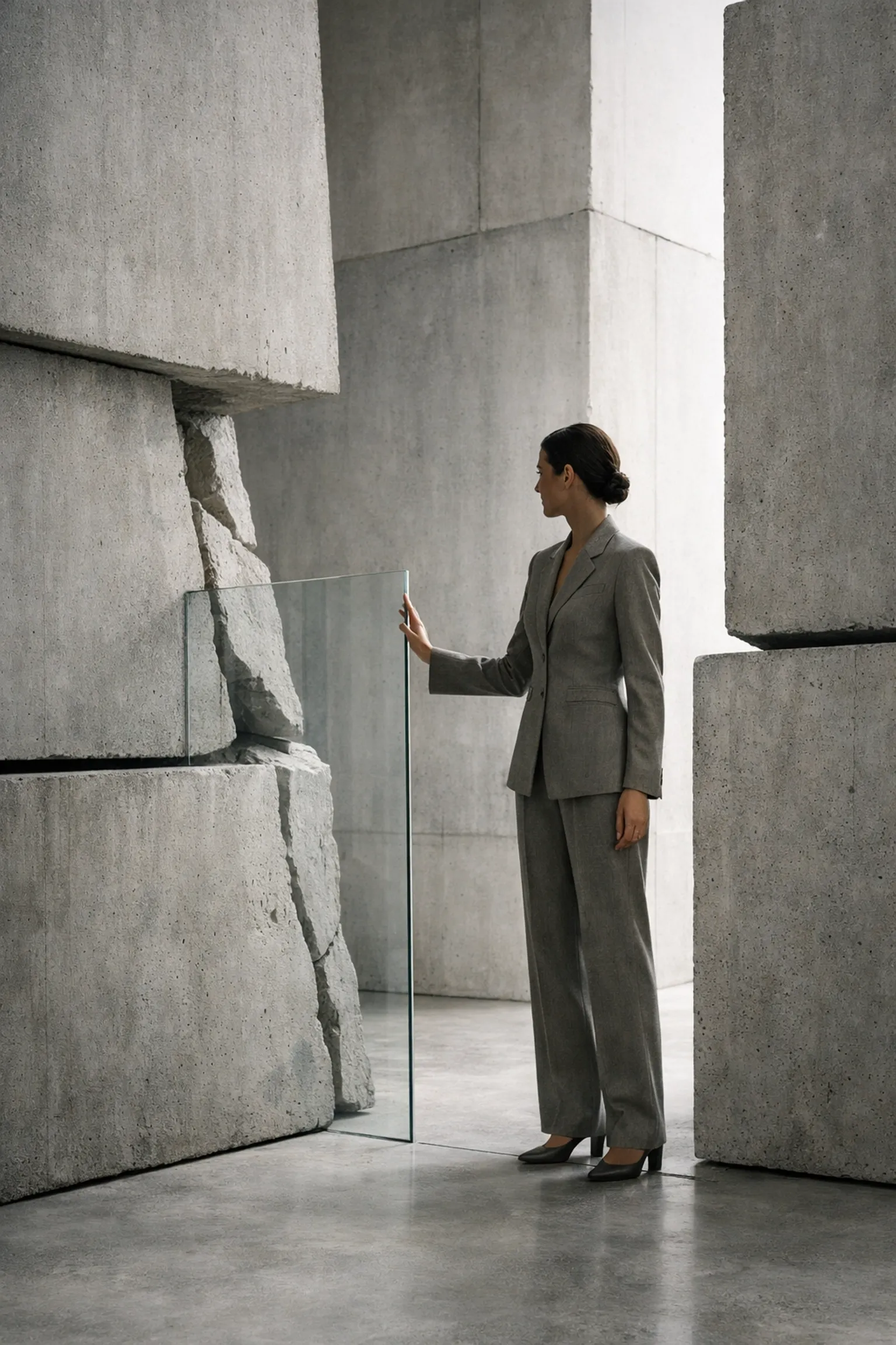 A woman in a suit stabilizing stone structures, representing over-functioning in leadership.