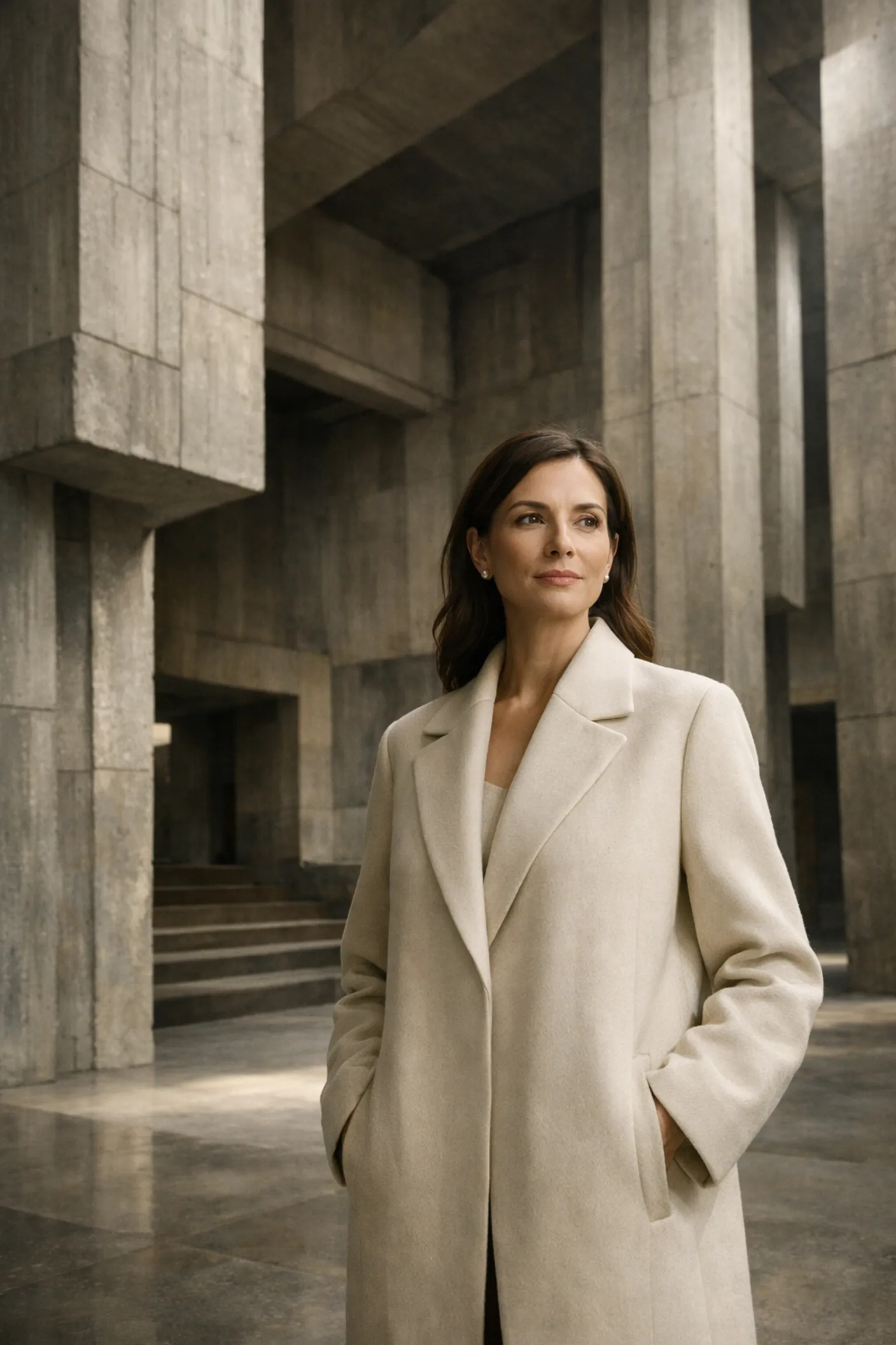 Woman in a modern stone gallery illustrating identity-based leadership and sovereign authority.