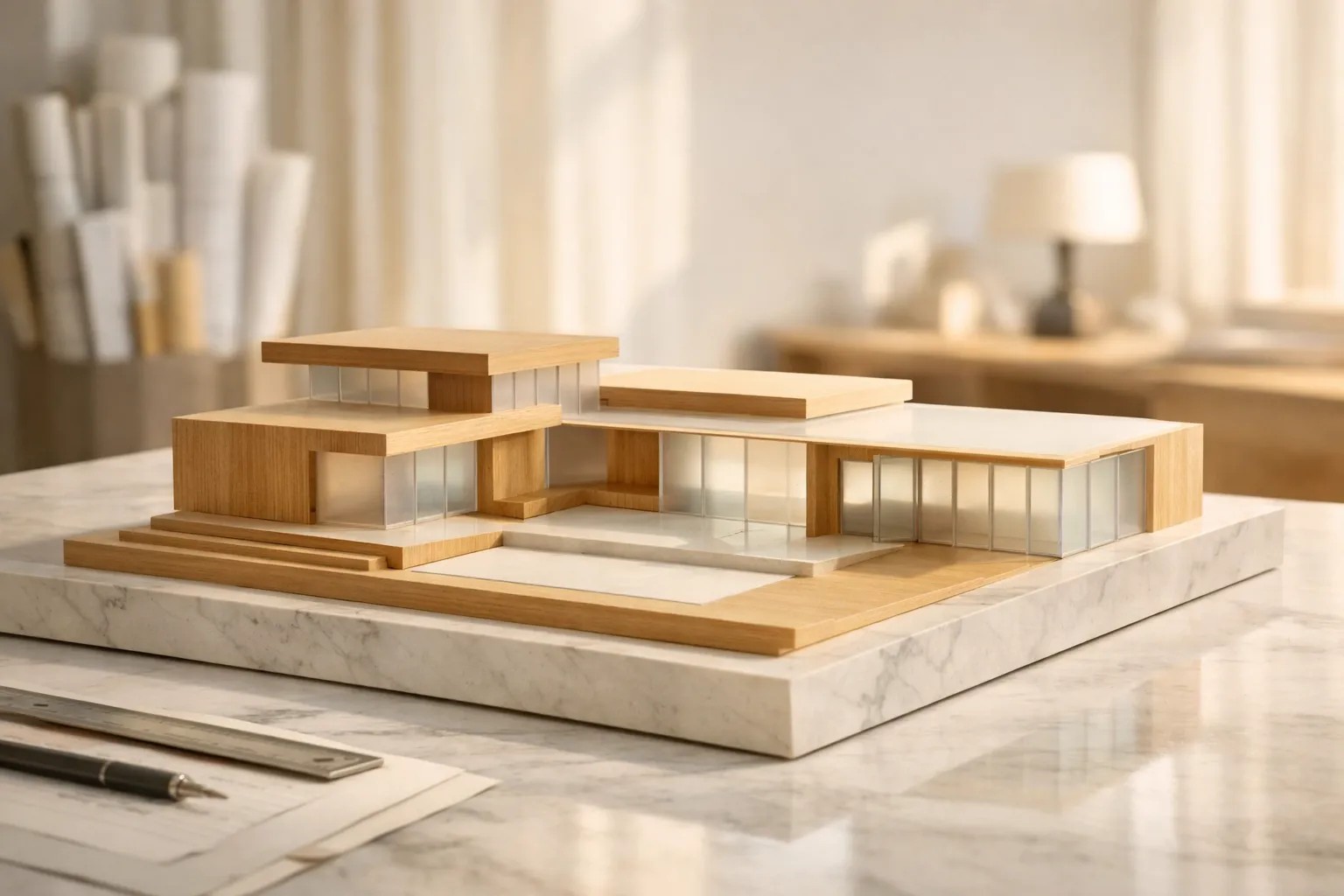 Minimalist architectural model on a marble desk illustrating structural governance and intentional life design.
