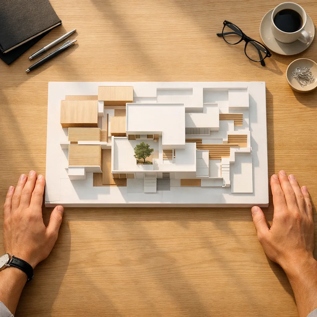 Workspace architectural model symbolizing principle-based leadership and strategic outcome authorship.