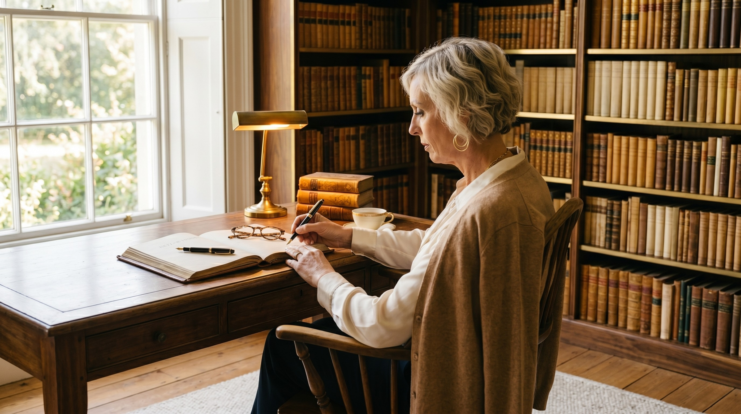 Melissa at a writing desk, mid-thought, in a private library — author of three books on identity, leadership, and self-authorship.