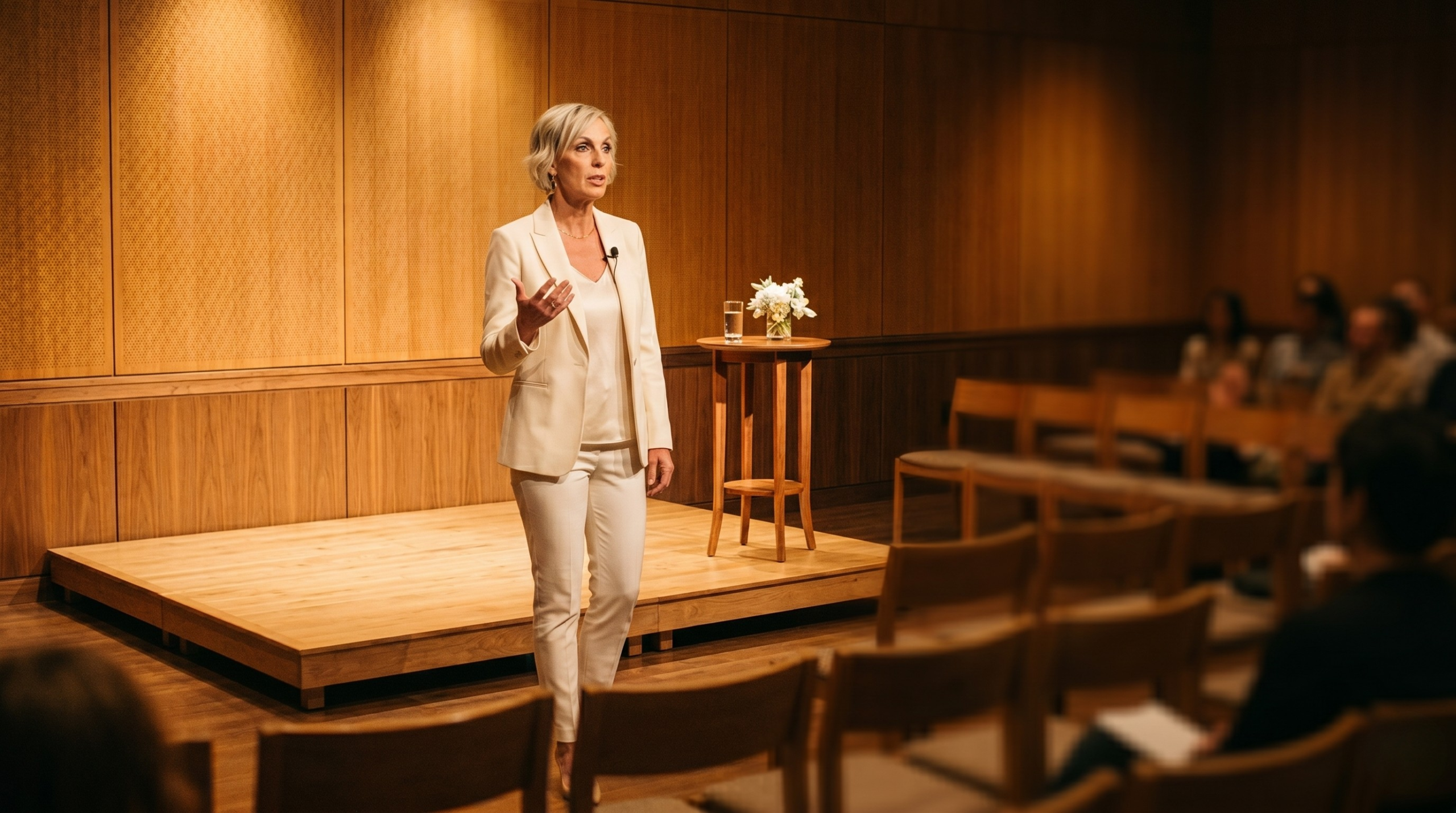 Melissa speaking on a warm conversational stage, mid-sentence, addressing an intimate audience.